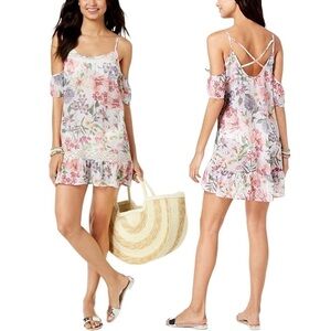 🌺 Miken Swim Cold Shoulder Floral Boho Lace Ruffle Swim Coverup Size S NWT
